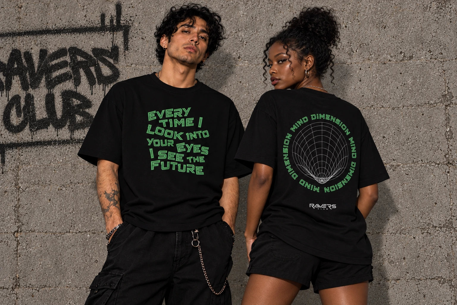 Mind Dimension tee front and back, against a concrete wall